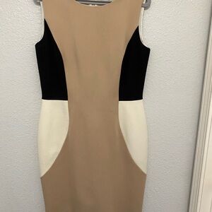 ANTONIO MELANI Tan and Black Sheath Midi Dress Sleeveless
